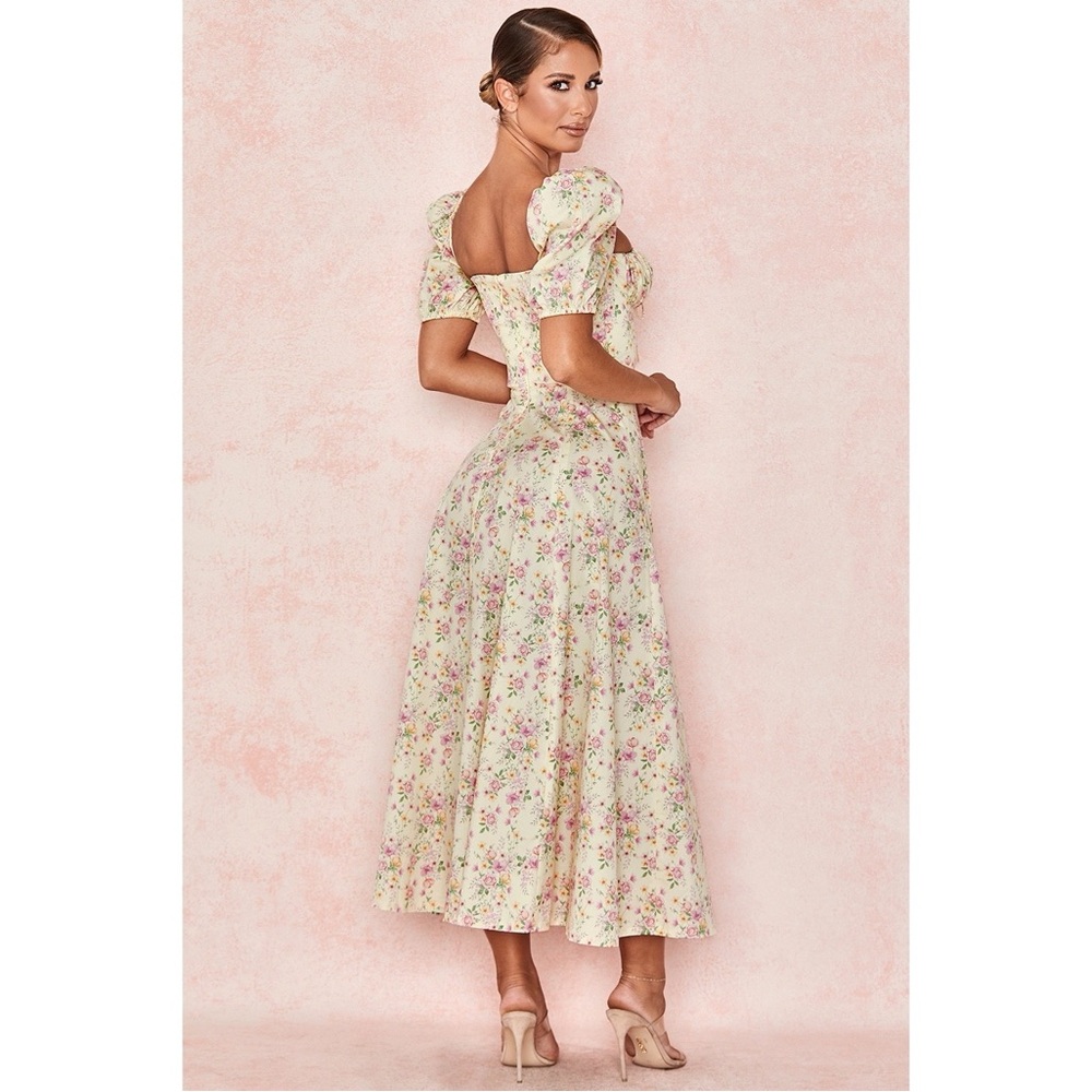 House of CB Tallulah Puff Sleeve Corset Midi Sundress in Lemon Floral - Picture 3 of 14